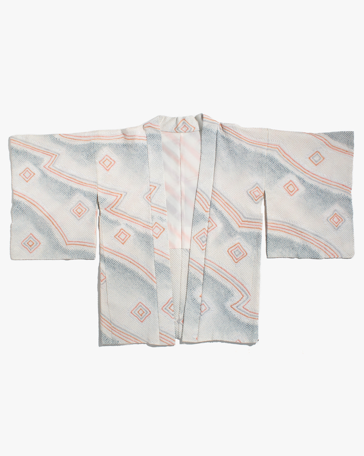 Vintage Haori Jacket, Full Shibori, Pale Blue with Abstract Orange Triangles