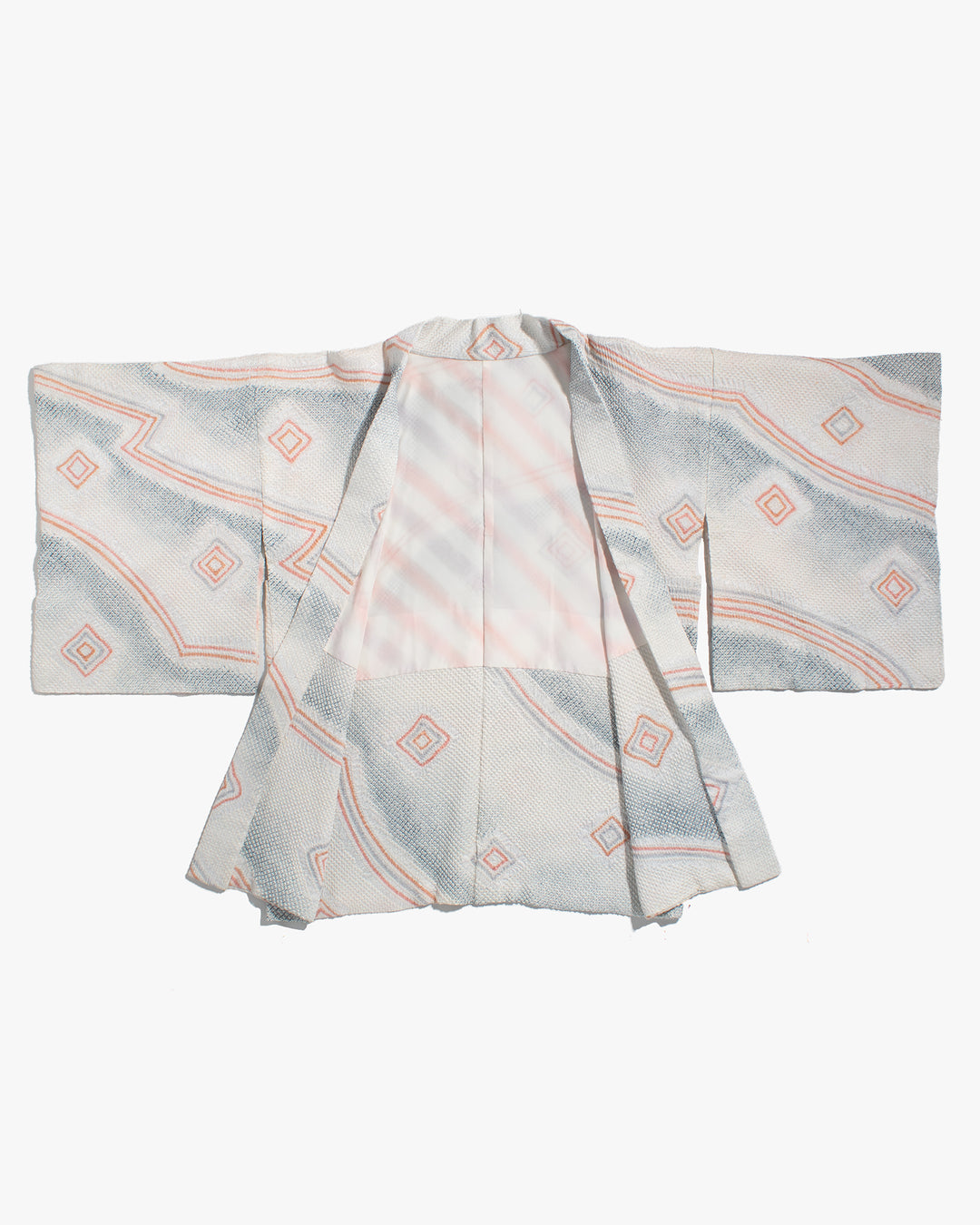 Vintage Haori Jacket, Full Shibori, Pale Blue with Abstract Orange Triangles