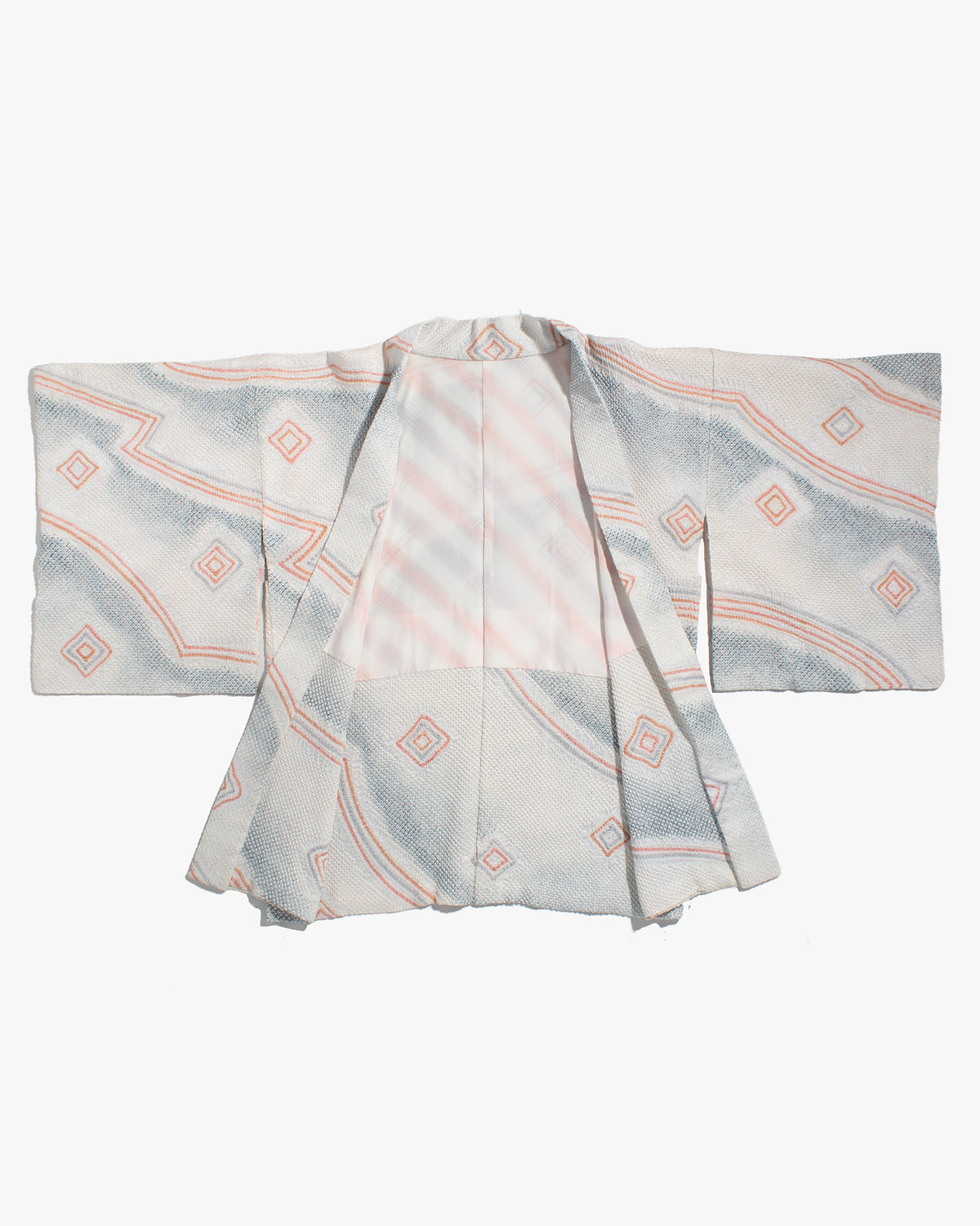 Vintage Haori Jacket, Full Shibori, Pale Blue with Abstract Orange Triangles