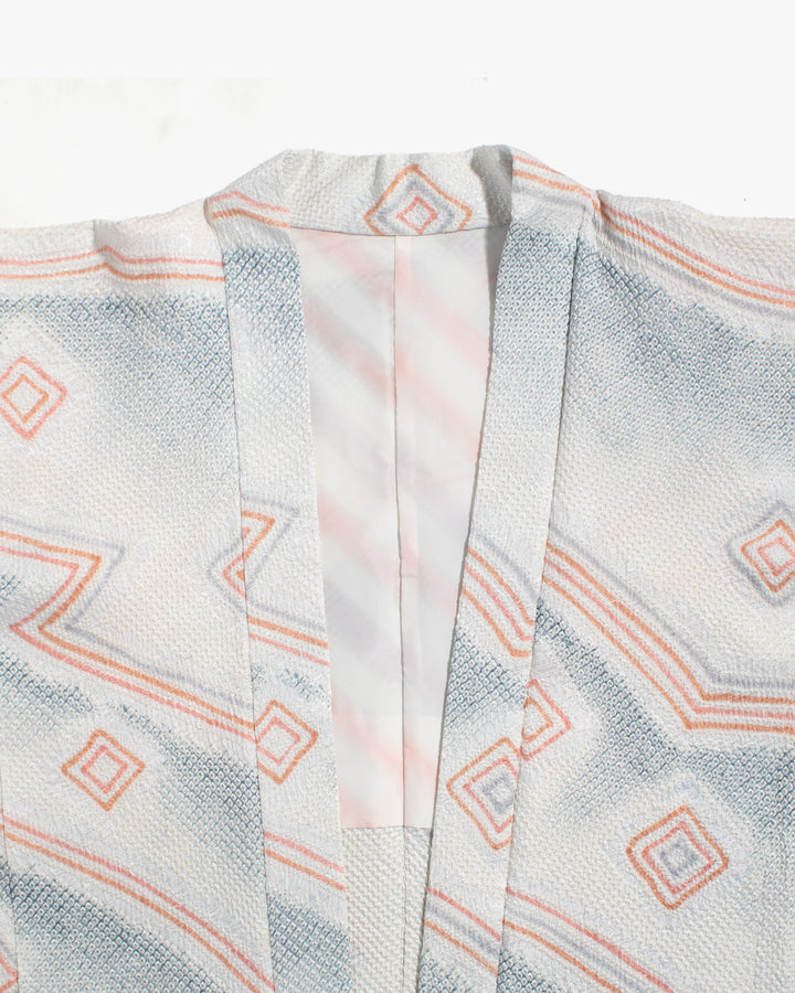 Vintage Haori Jacket, Full Shibori, Pale Blue with Abstract Orange Triangles