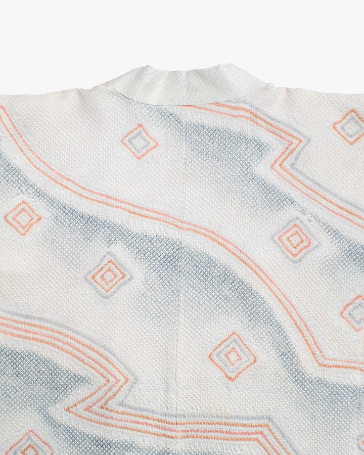 Vintage Haori Jacket, Full Shibori, Pale Blue with Abstract Orange Triangles