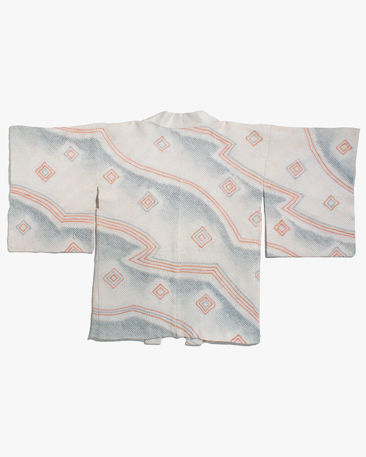 Vintage Haori Jacket, Full Shibori, Pale Blue with Abstract Orange Triangles
