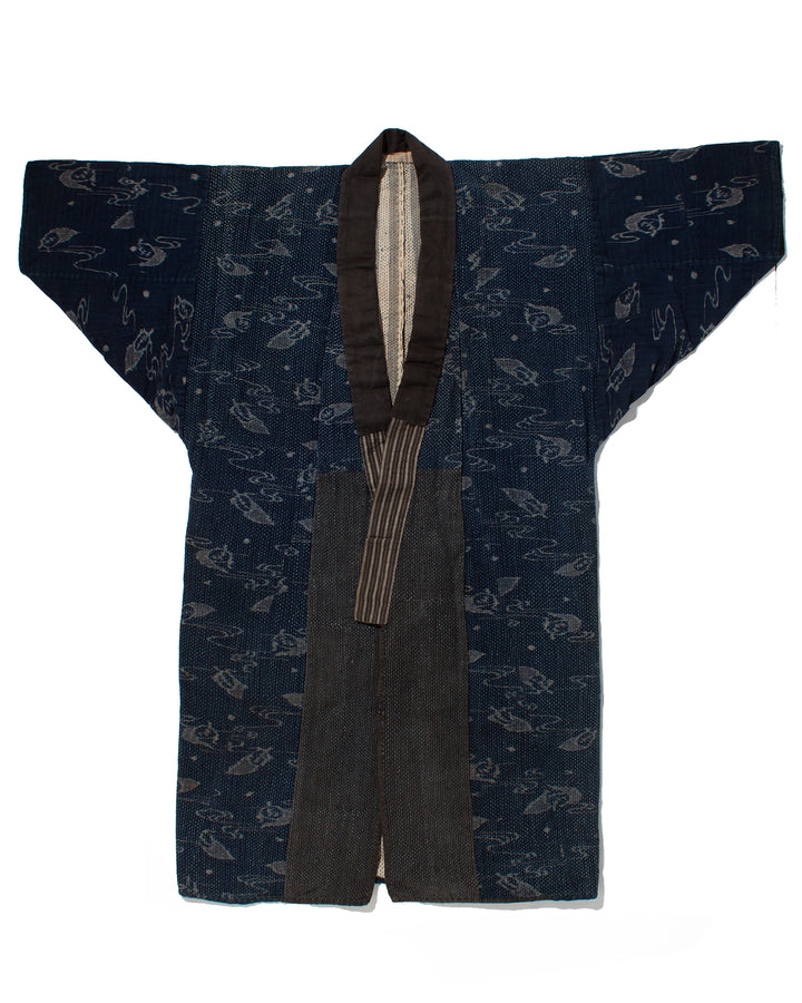 Vintage Boro Noragi Jacket, Indigo Kasuri, Partially Sashiko Stitched