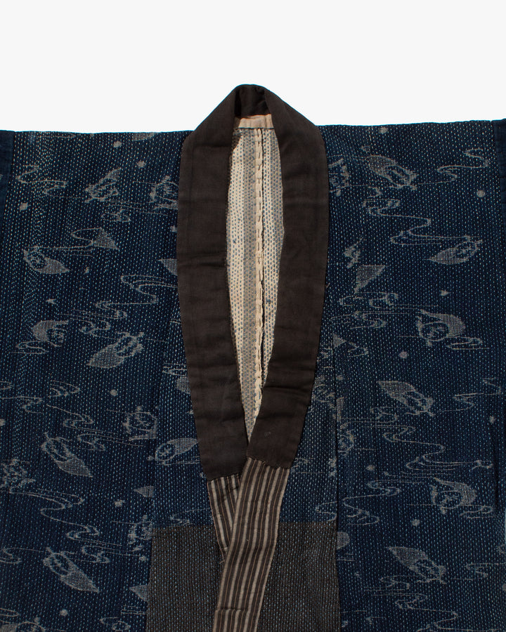 Vintage Boro Noragi Jacket, Indigo Kasuri, Partially Sashiko Stitched