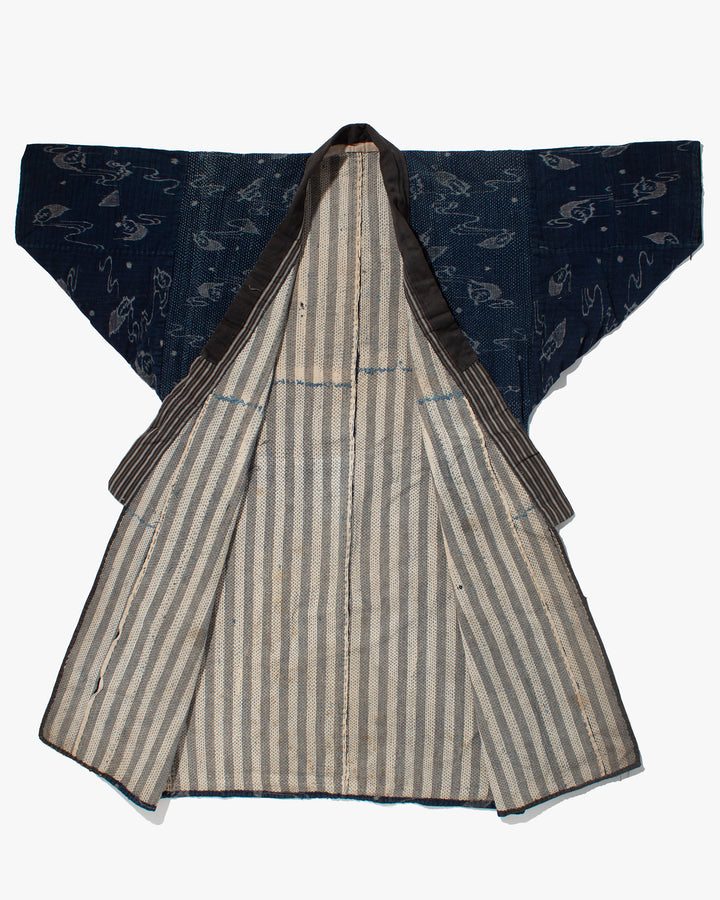 Vintage Boro Noragi Jacket, Indigo Kasuri, Partially Sashiko Stitched