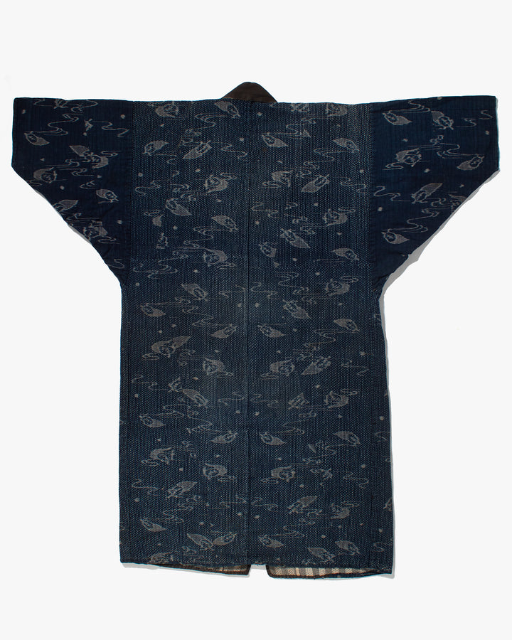 Vintage Boro Noragi Jacket, Indigo Kasuri, Partially Sashiko Stitched