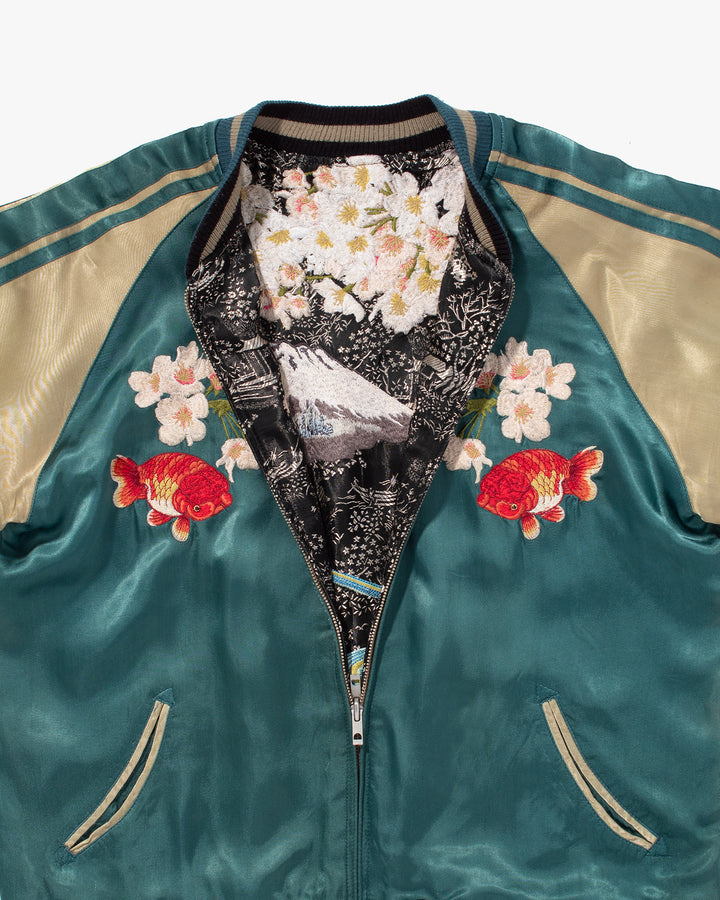 Japanese Repro Souvenir Jacket, Reversible, Green with Goldfish, Cherry Blossoms, and Mountain