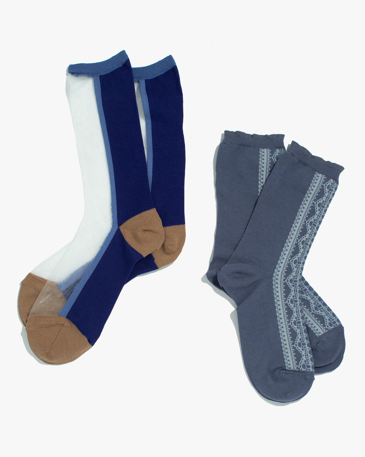 Debby Co., Crew Sock Set, Andéotte Collection, Soft Blue Lace Stripe and See-through Blue with Taupe