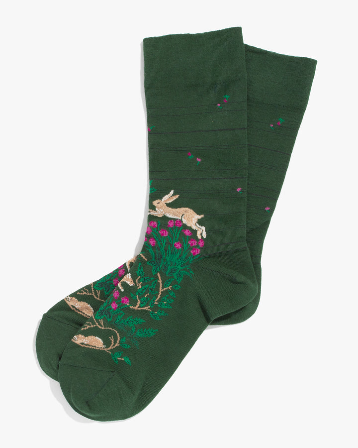 Debby Co., Crew Socks, Andéotte Collection, Green Shima with Forest Animals