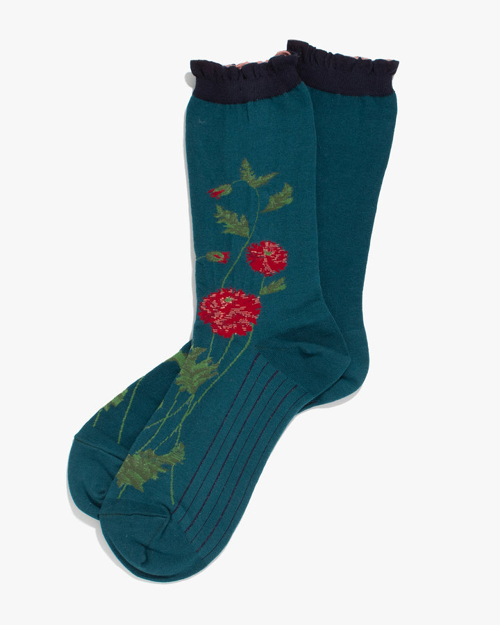 Debby Co., Crew Socks, Andéotte Collection, Teal with Red Flowers