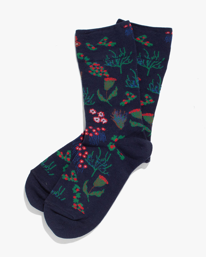 Debby Co., Crew Socks, Andé Collection, Indigo with Multi-color Flowers