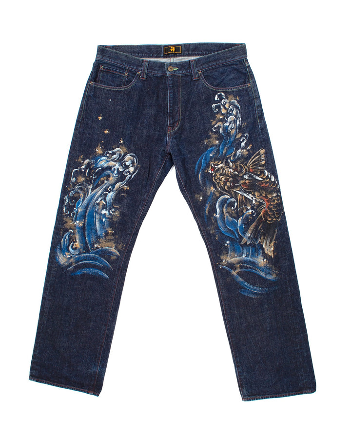 Japanese Repro Denim Jeans, Zen Clothing, Hand Painted - 36