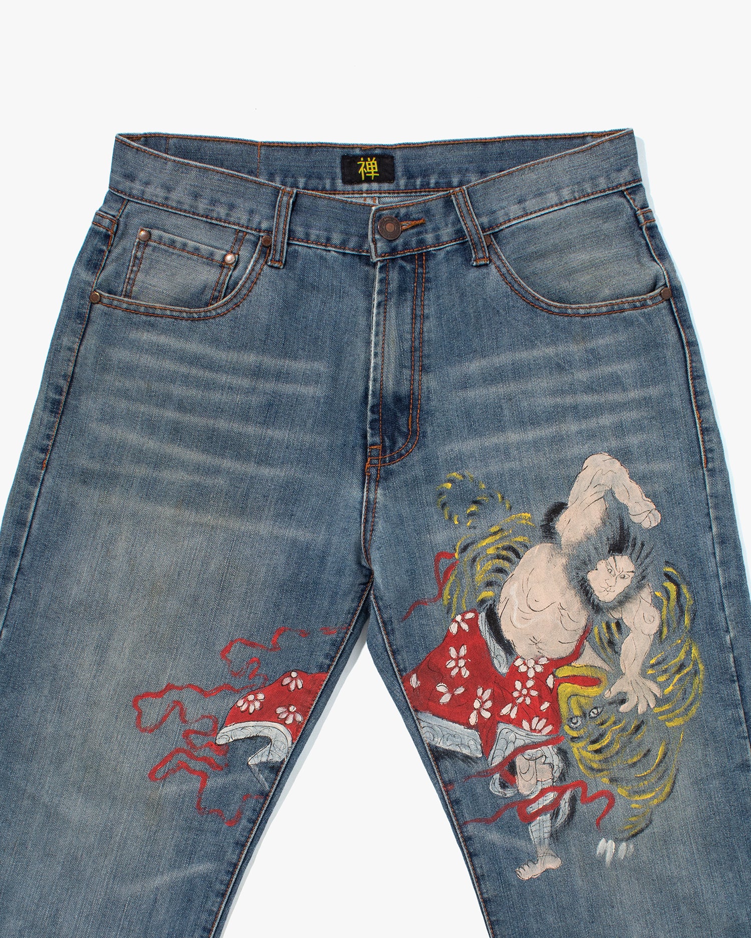 Japanese Repro Denim Jeans, Zen Clothing, Hand Painted
