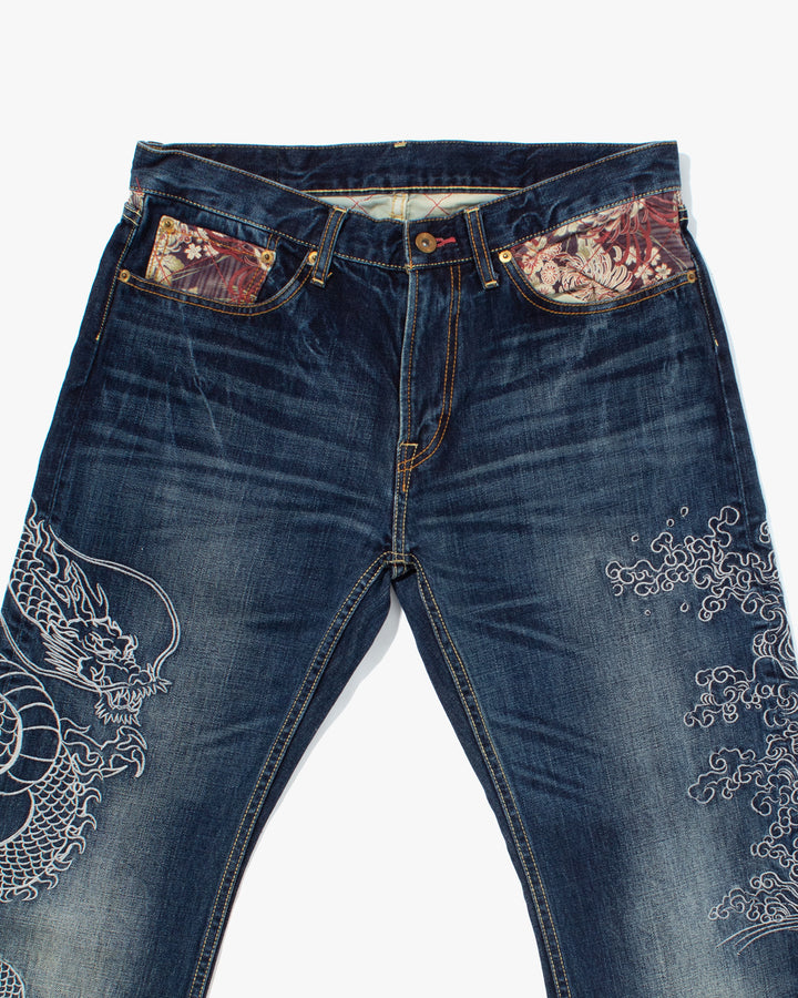 Japanese Repro Denim Jeans, Eternal, Dragon Embroidery with Red Floral - 34