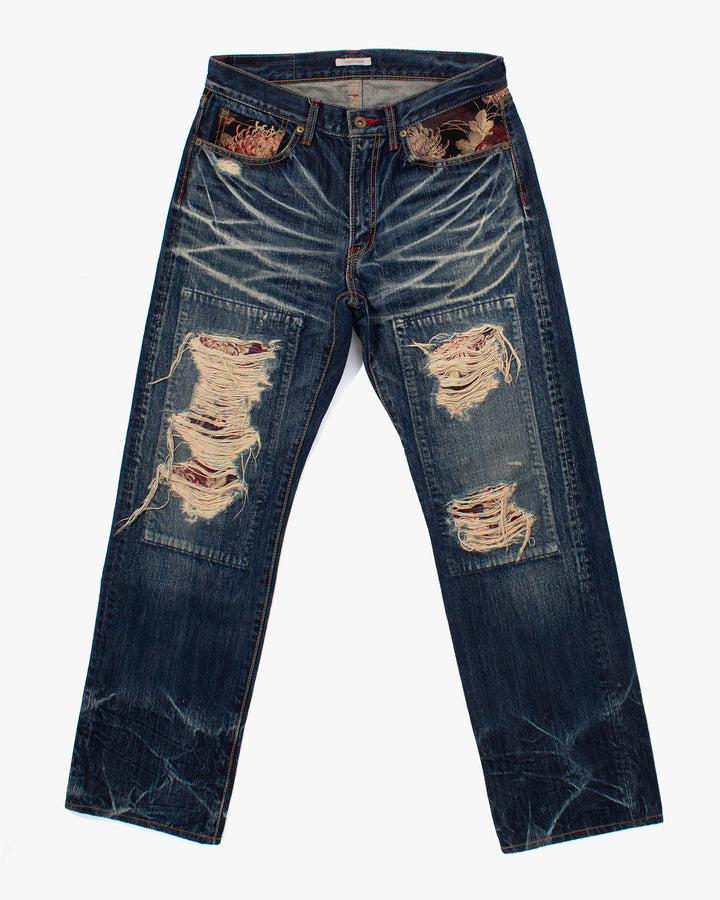 Japanese Repro Denim Jeans, Eternal, Floral Lining with Distressing - 30