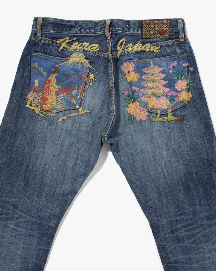 Japanese Repro Denim Jeans, Eternal, Woman and Temple Embroidery, Satin Pockets - 33