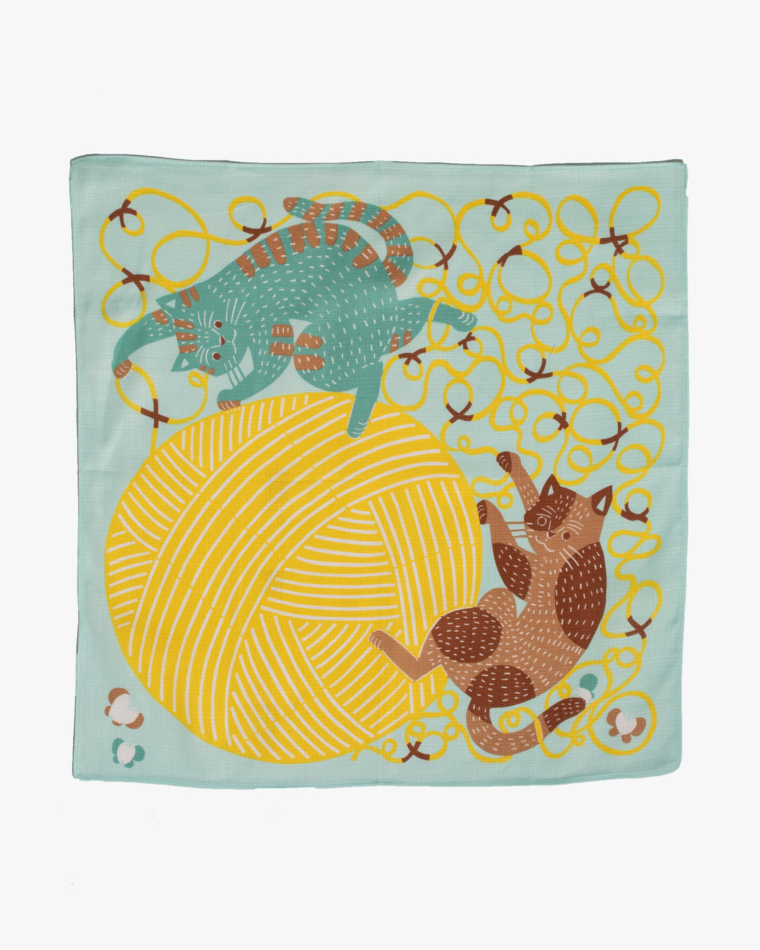 Modern Furoshiki, Musubi Organic, Kata Kata, Cat &amp; Yarn, Light Green 19.5" x 19.5"