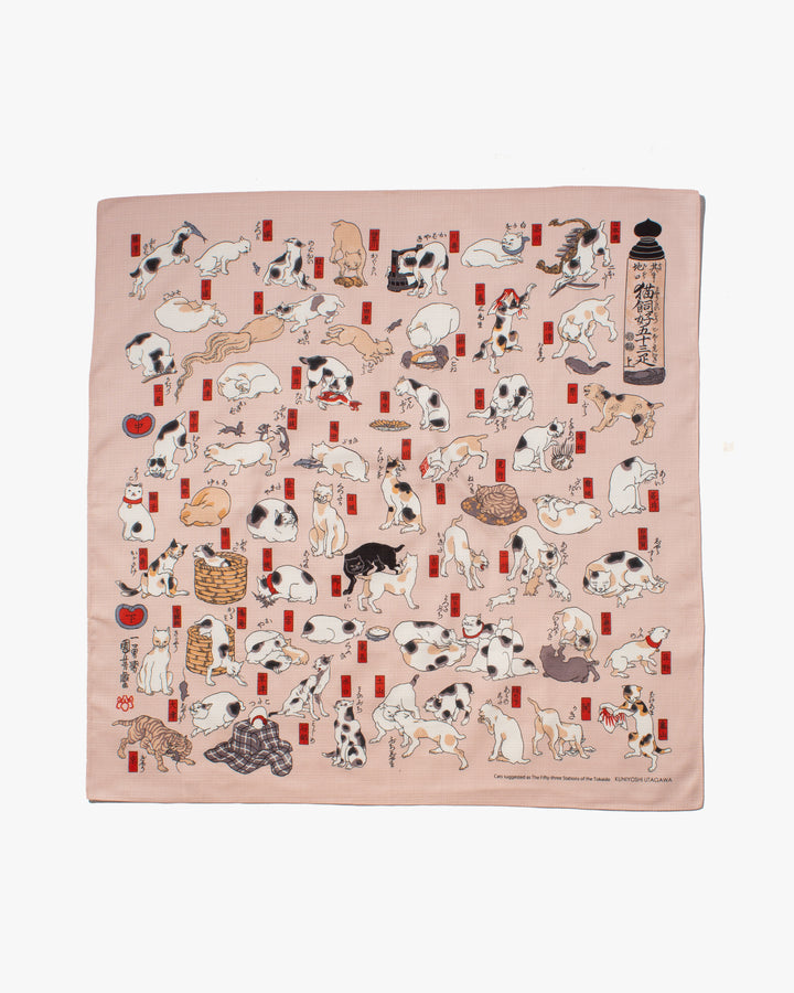 Modern Furoshiki, Musubi, Ukiyo-e, Cats Suggested As The Fifty Three Stations of the Tokaido Pink, 40" x 40"