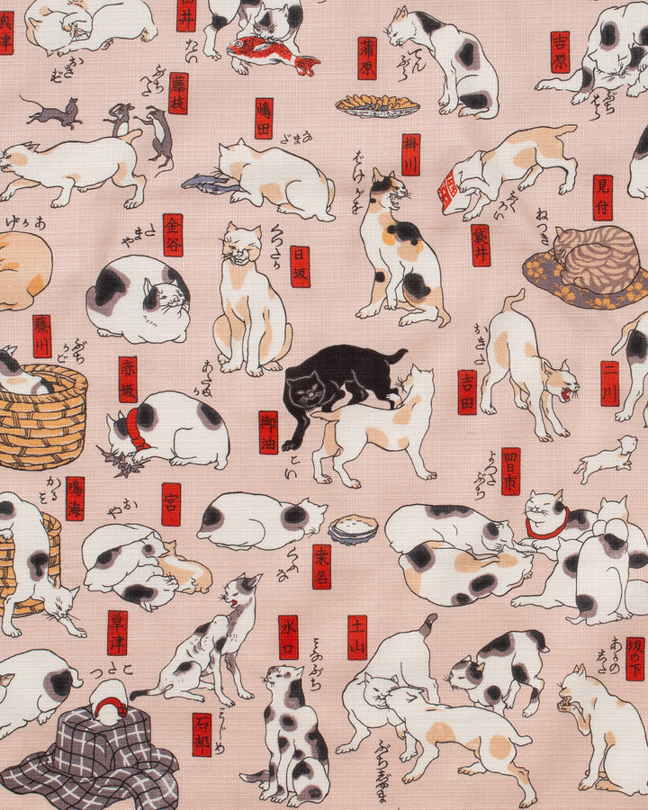 Modern Furoshiki, Musubi, Ukiyo-e, Cats Suggested As The Fifty Three Stations of the Tokaido Pink, 40" x 40"