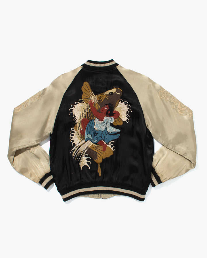 Japanese Repro Souvenir Jacket, Black, Woman and Fish – Kiriko Made