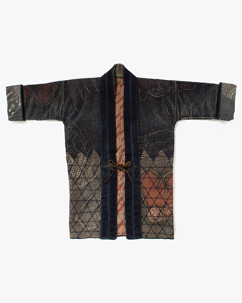 Vintage Fireman Jacket, Fully Sashiko Stitched, Indigo and Grey with Red Accent and Dragon