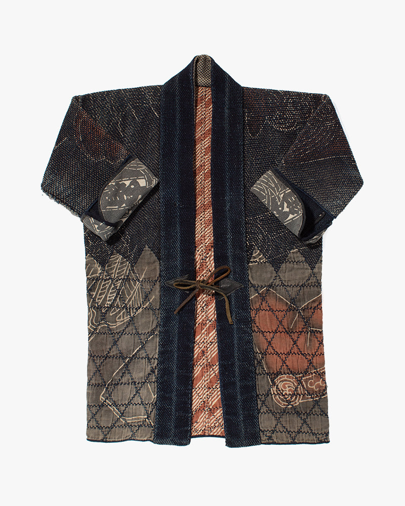 Vintage Fireman Jacket, Fully Sashiko Stitched, Indigo and Grey with Red Accent and Dragon
