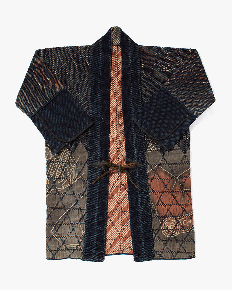 Vintage Fireman Jacket, Fully Sashiko Stitched, Indigo and Grey with Red Accent and Dragon