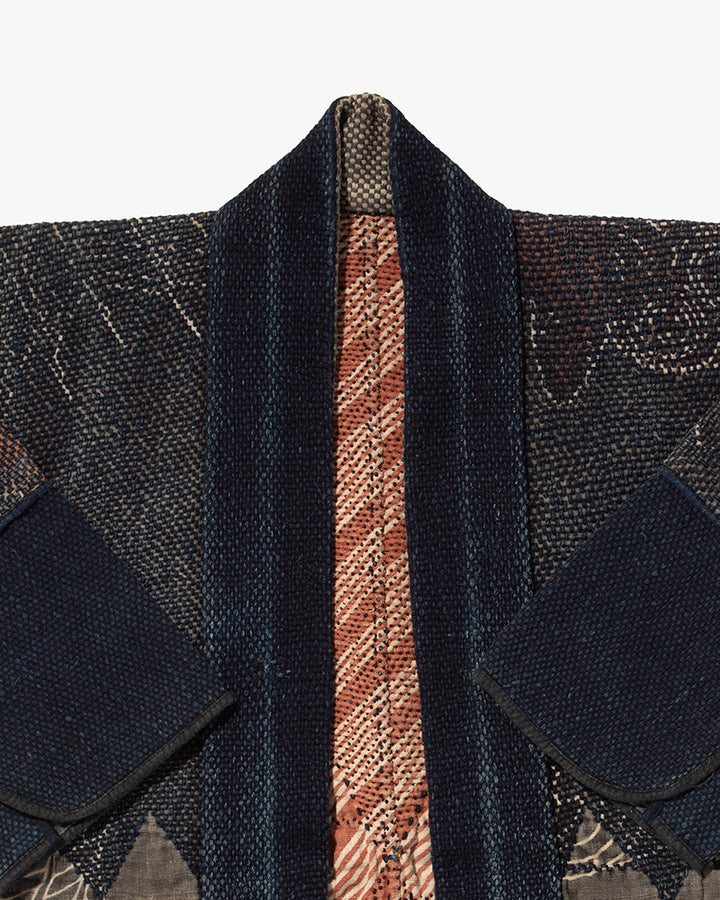 Vintage Fireman Jacket, Fully Sashiko Stitched, Indigo and Grey with Red Accent and Dragon