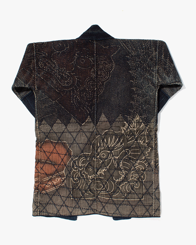 Vintage Fireman Jacket, Fully Sashiko Stitched, Indigo and Grey with Red Accent and Dragon