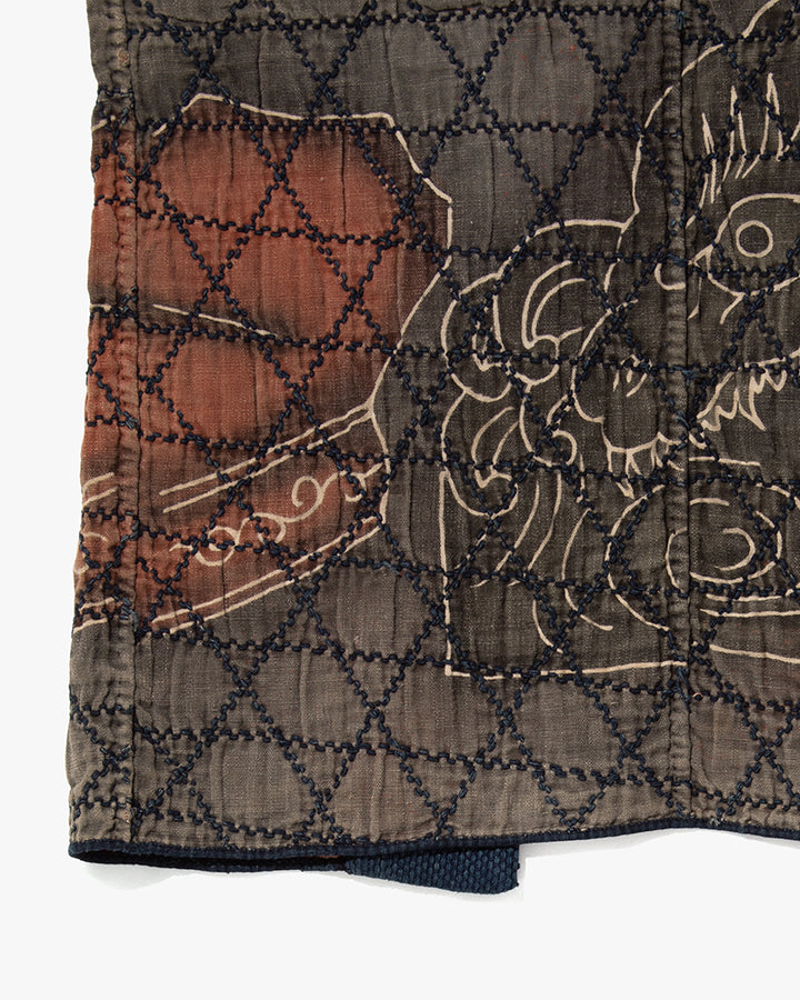 Vintage Fireman Jacket, Fully Sashiko Stitched, Indigo and Grey with Red Accent and Dragon