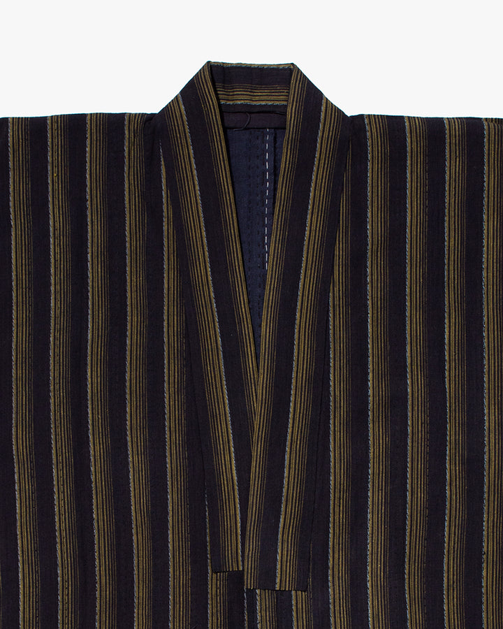 Vintage Noragi Jacket, Partially Sashiko Stitched, Indigo with Yellow Stripes