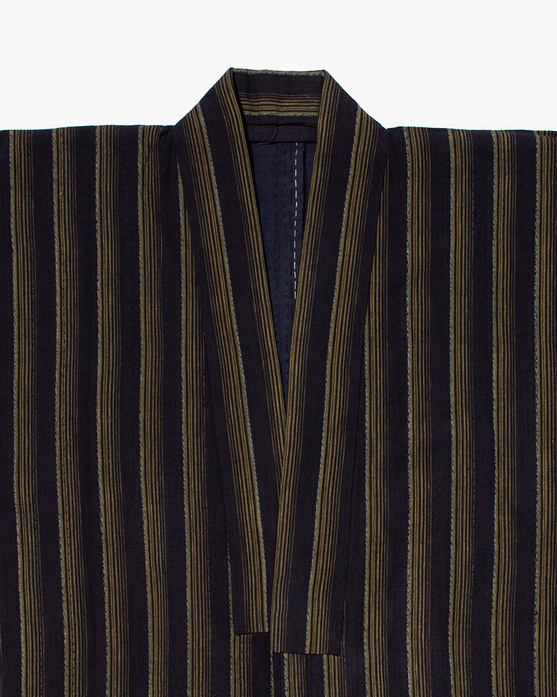 Vintage Noragi Jacket, Partially Sashiko Stitched, Indigo with Yellow Stripes