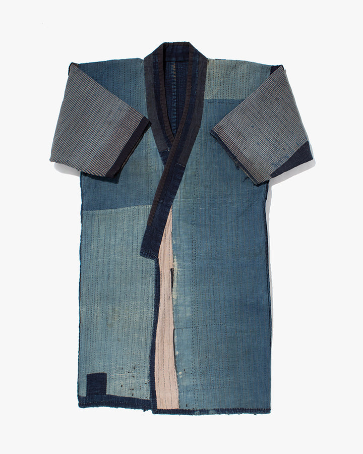 Vintage Noragi Jacket, Fully Sashiko Stitched, Indigo with Striped Sleeves