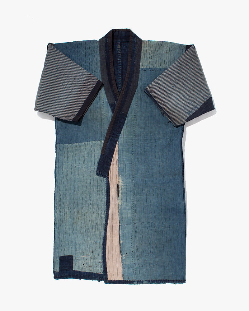 Vintage Noragi Jacket, Fully Sashiko Stitched, Indigo with Striped Sleeves