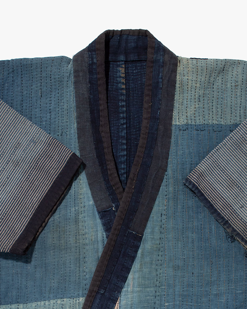 Vintage Noragi Jacket, Fully Sashiko Stitched, Indigo with Striped Sleeves
