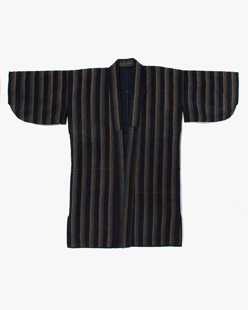 Vintage Noragi Jacket, Partially Sashiko Stitched, Indigo with Blue and Gray Stripes