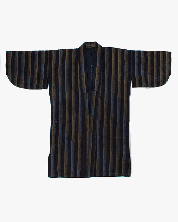 Vintage Noragi Jacket, Partially Sashiko Stitched, Indigo with Blue and Gray Stripes