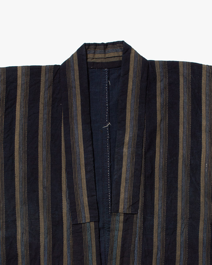 Vintage Noragi Jacket, Partially Sashiko Stitched, Indigo with Blue and Gray Stripes
