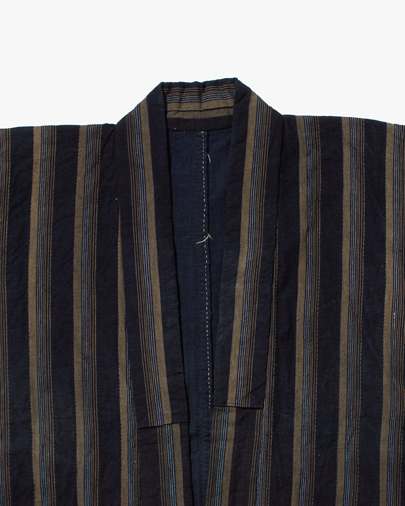 Vintage Noragi Jacket, Partially Sashiko Stitched, Indigo with Blue and Gray Stripes