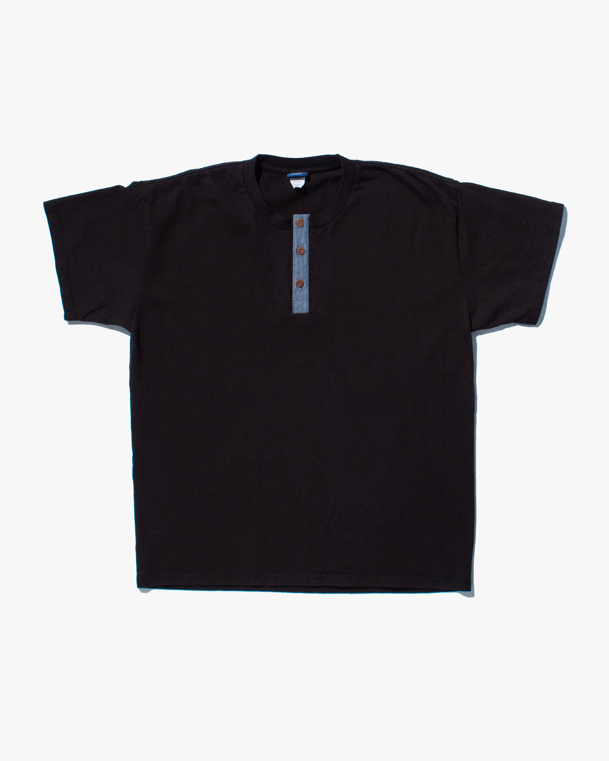 Kiriko Original Tee, 8oz Cotton, Henley Tee, Black with Chambray, Indigo Small Multi