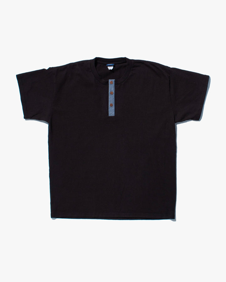 Kiriko Original Tee, 8oz Cotton, Henley Tee, Black with Chambray, Indigo Small Multi