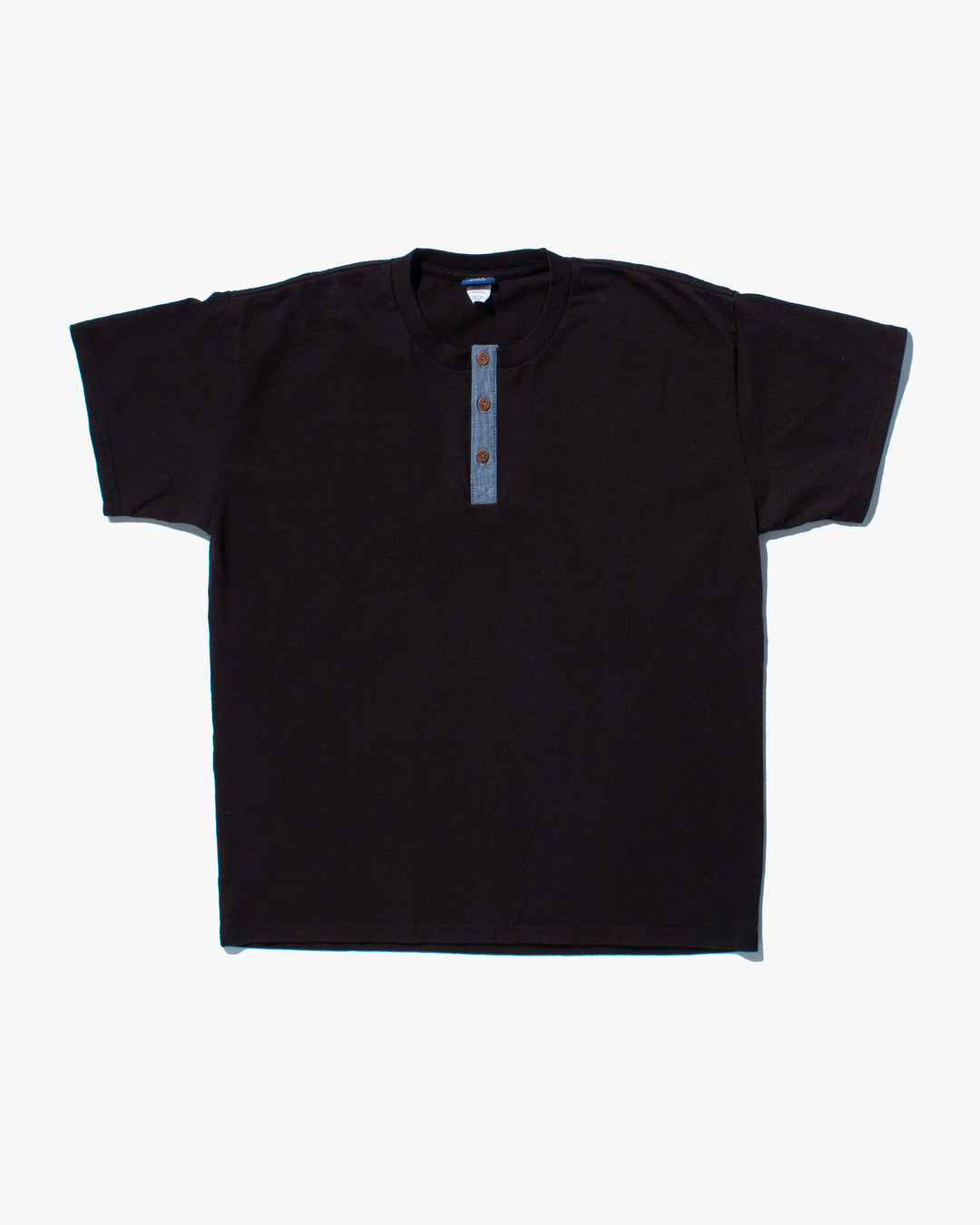 Kiriko Original Tee, 8oz Cotton, Henley Tee, Black with Chambray, Indigo Small Multi