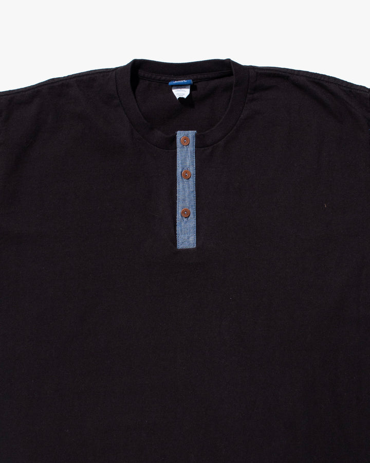 Kiriko Original Tee, 8oz Cotton, Henley Tee, Black with Chambray, Indigo Small Multi
