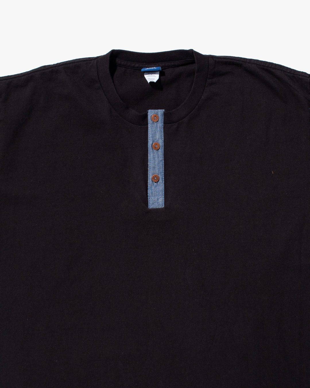 Kiriko Original Tee, 8oz Cotton, Henley Tee, Black with Chambray, Indigo Small Multi