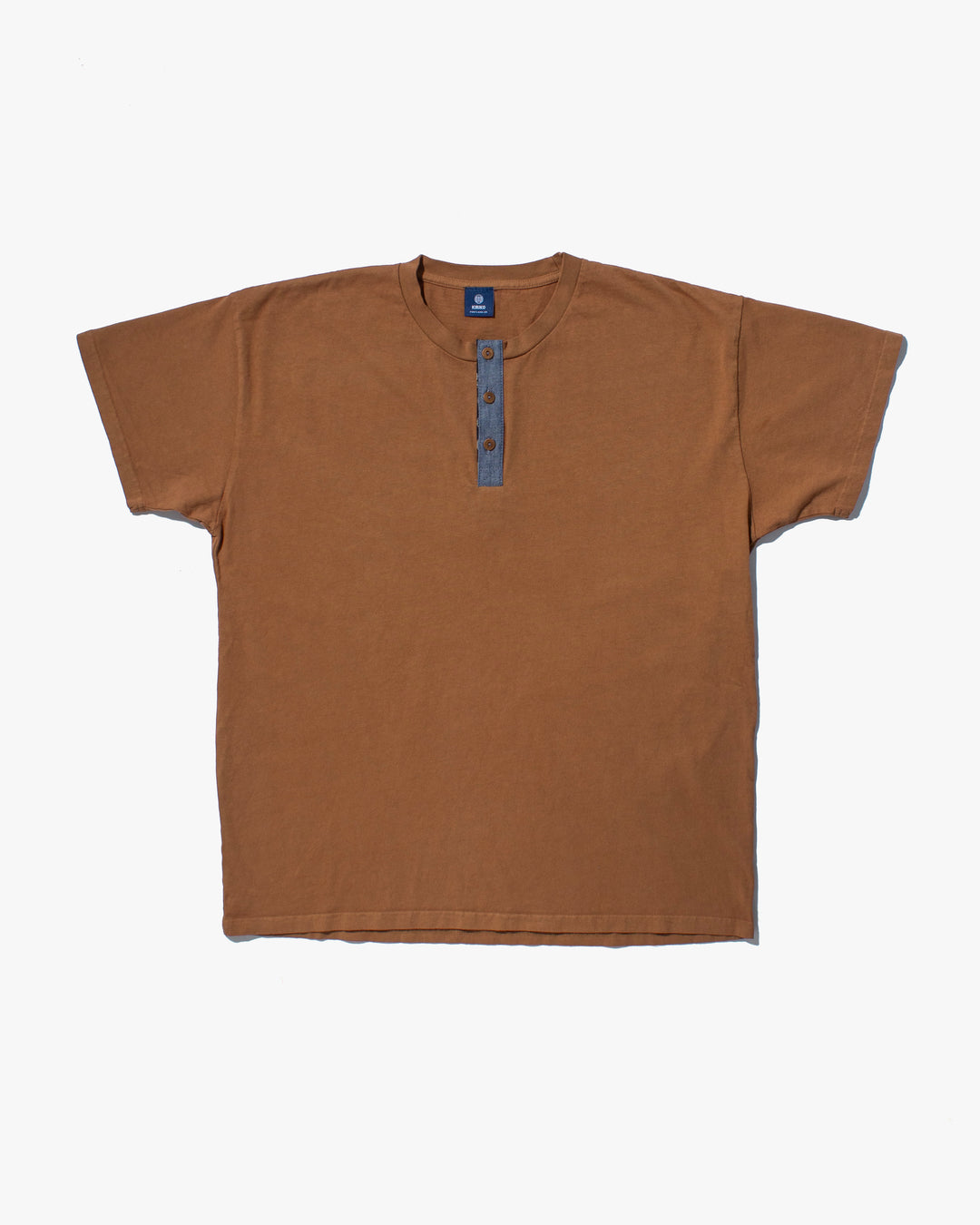 Kiriko Original Tee, 8oz Cotton, Henley Tee, Terracotta with Chambray, Indigo Shippou