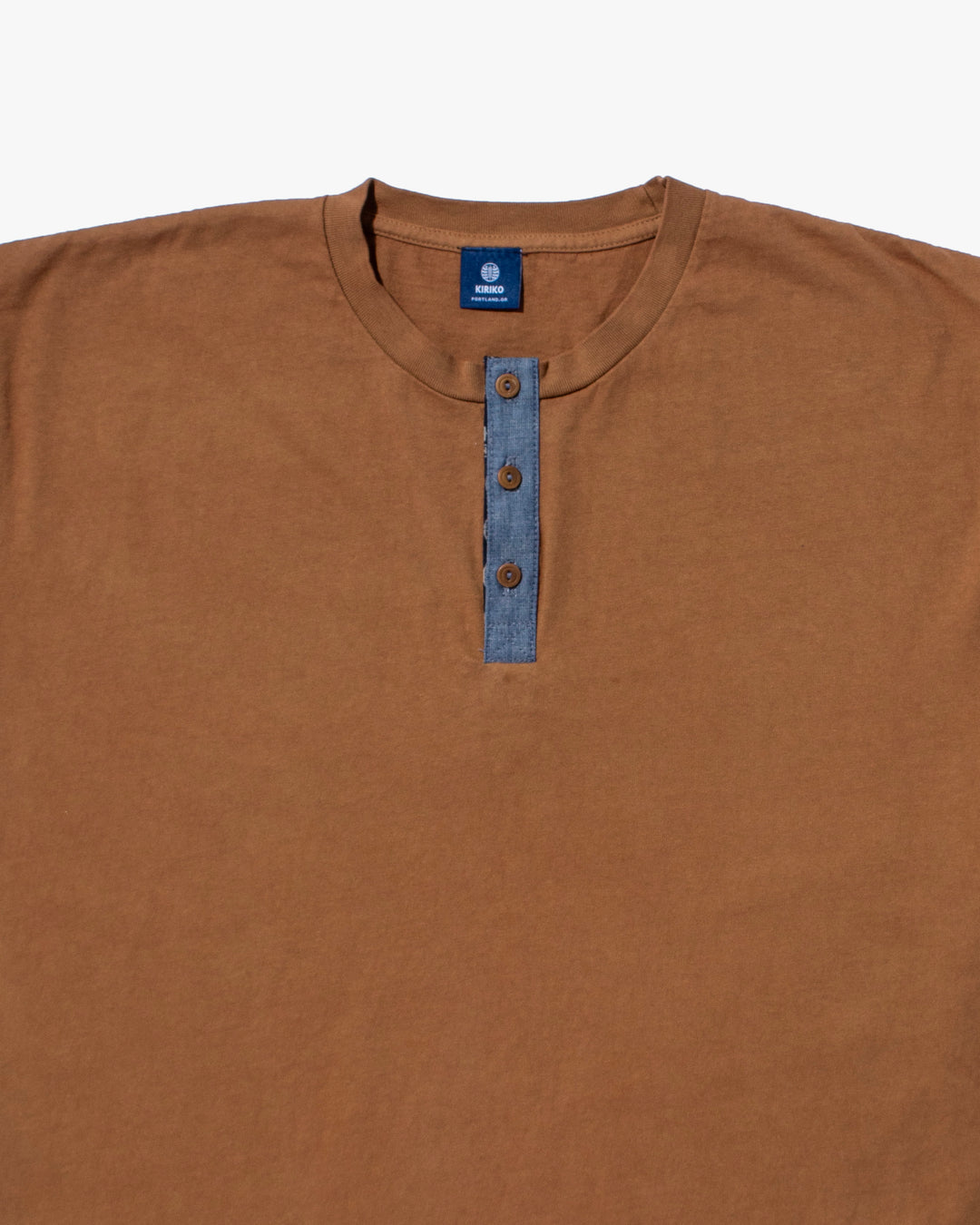 Kiriko Original Tee, 8oz Cotton, Henley Tee, Terracotta with Chambray, Indigo Shippou