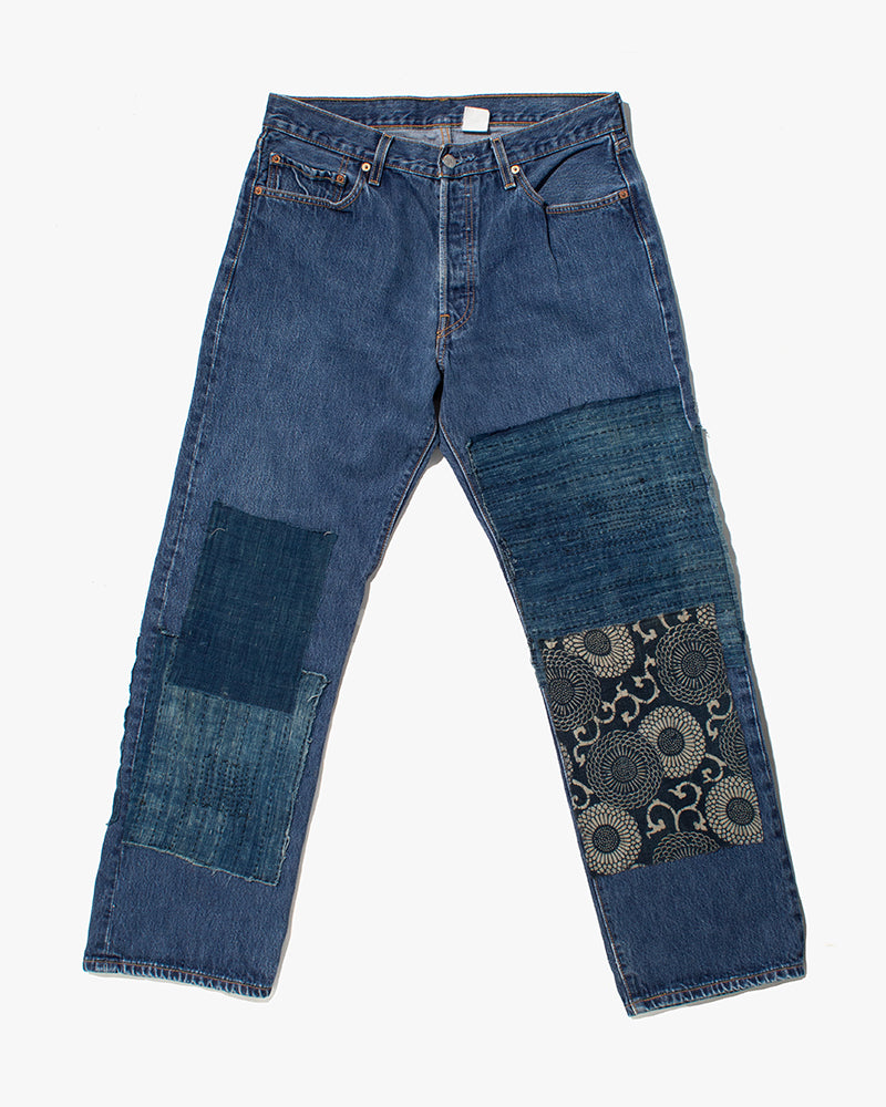 Kiriko Custom Denim Jeans, Patched Vintage Boro, Levi's Brand, Denim with Indigo Patches - 32