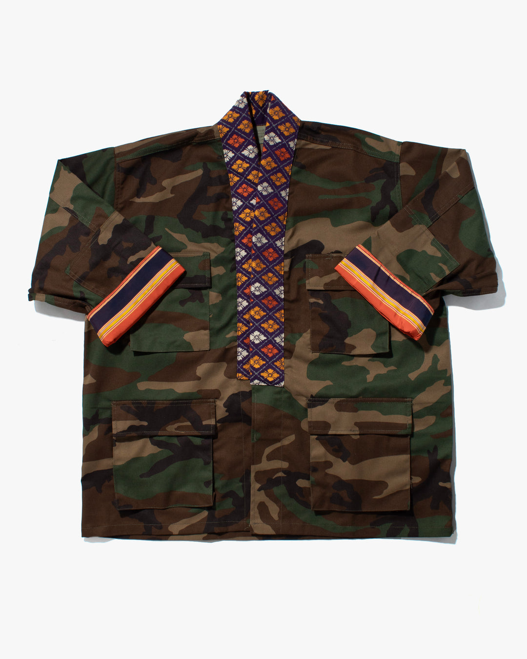 Kiriko Custom Military Jacket, Camo Patched, Circular Gold Crane