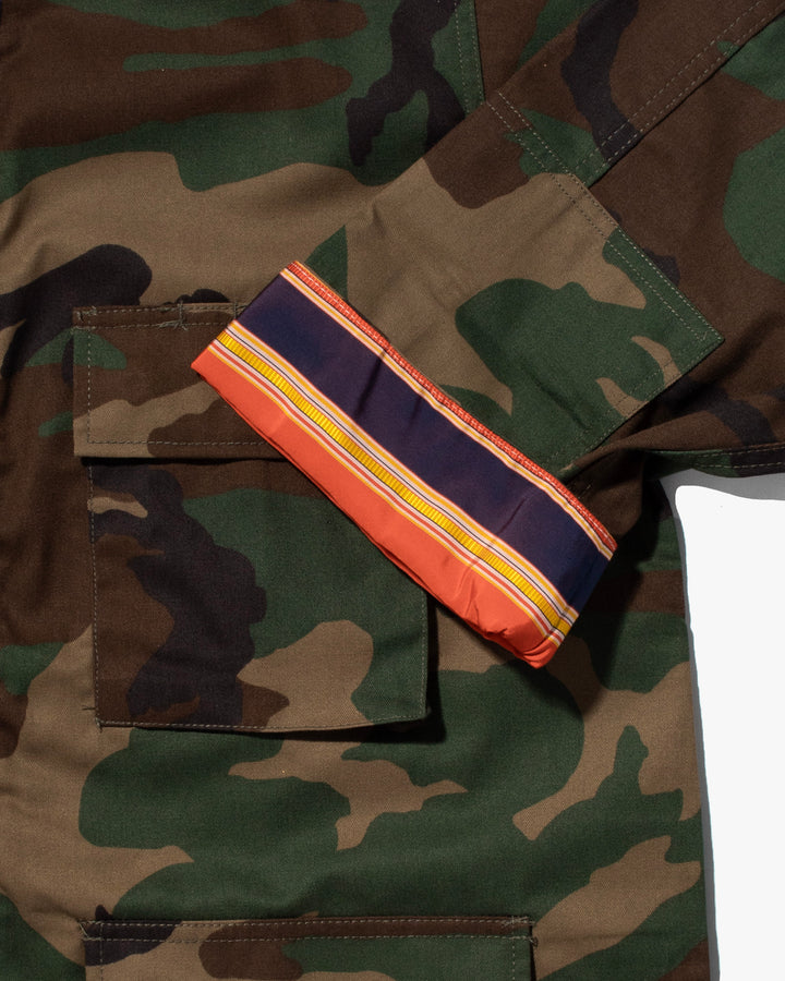 Kiriko Custom Military Jacket, Camo Patched, Circular Gold Crane