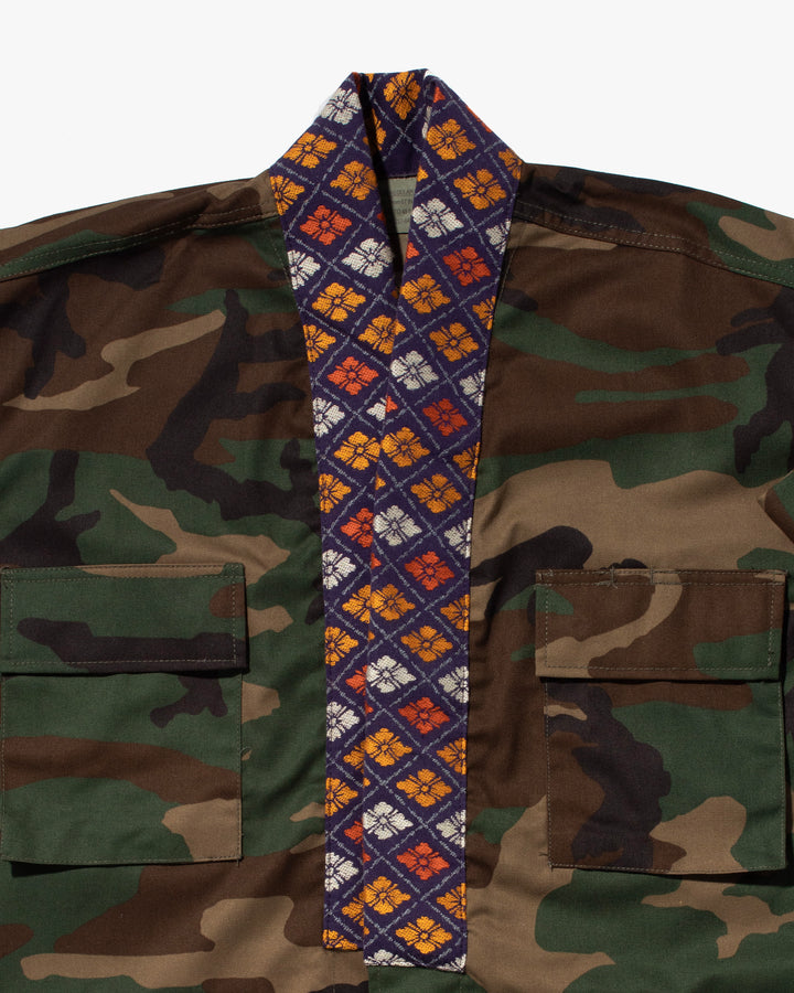 Kiriko Custom Military Jacket, Camo Patched, Circular Gold Crane